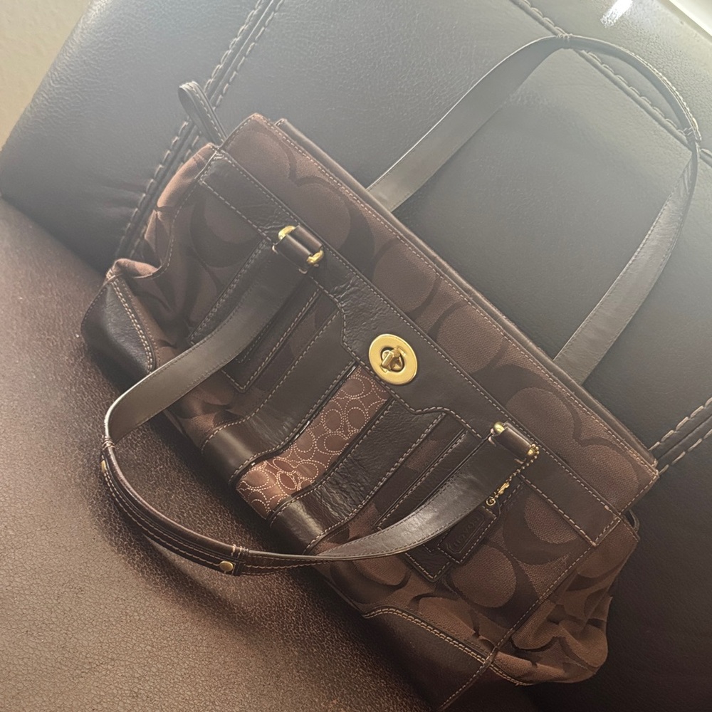 Coach Brown Signature Canvas Tote with Turn-Lock Detail